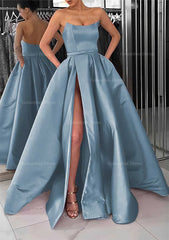 A-line Square Neckline Long/Floor-Length Satin Corset Prom Dress With Pockets Split Gowns, Formal Dresses Classy Elegant