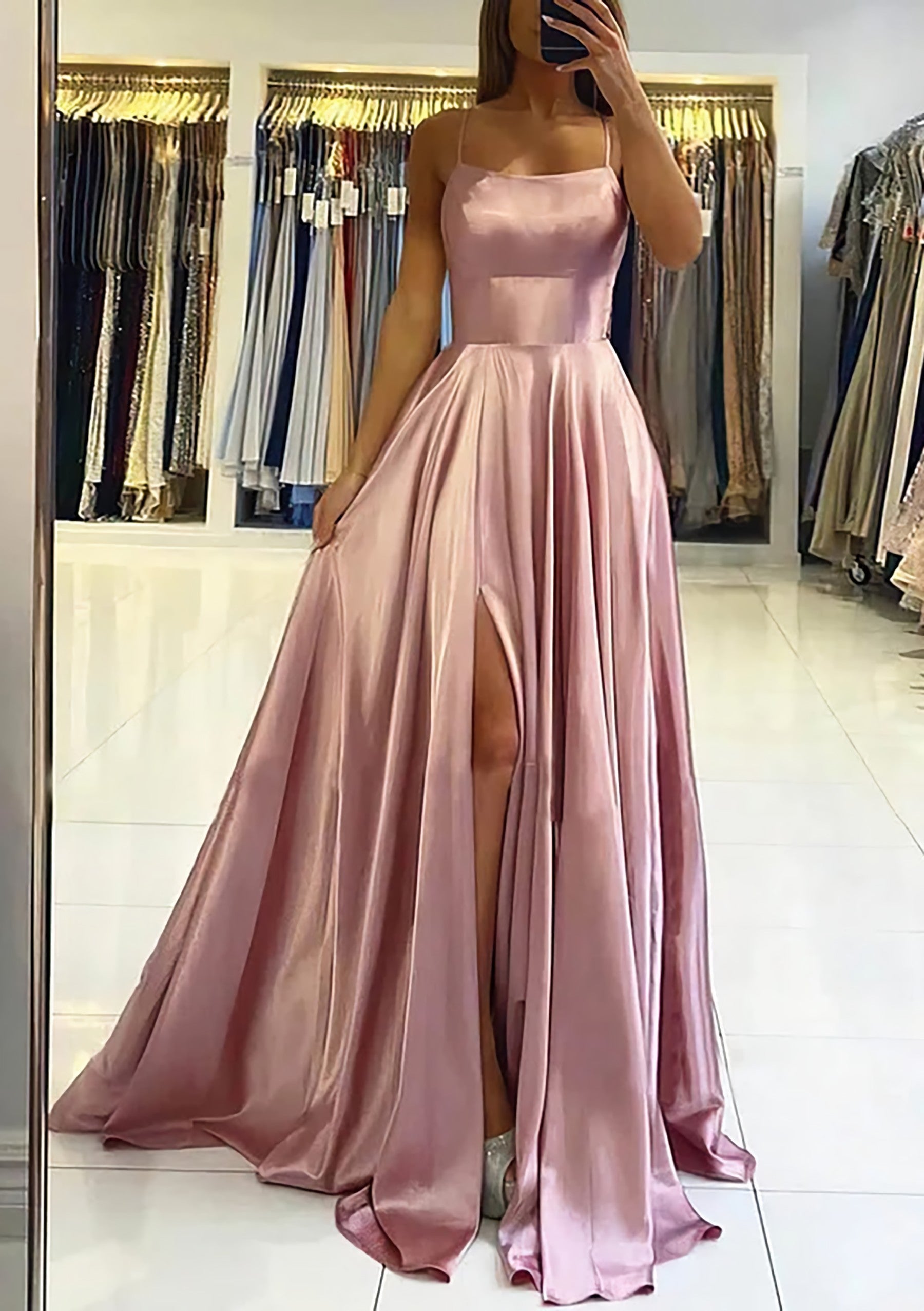 A-line Square Neckline Sleeveless Satin Sweep Train Corset Prom Dress With Pleated Gowns, Evening Dress Designer