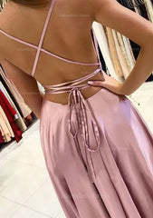 A-line Square Neckline Sleeveless Satin Sweep Train Corset Prom Dress With Pleated Gowns, Evening Dresses 2053