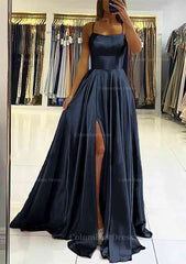 A-line Square Neckline Sleeveless Satin Sweep Train Corset Prom Dress With Pleated Gowns, Evening Dress Princess