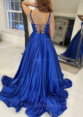 A-line Square Neckline Sleeveless Sweep Train Satin Corset Prom Dress With Pockets Gowns, Wedding Bouquet