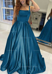 A-line Square Neckline Sleeveless Sweep Train Satin Corset Prom Dress With Pockets Gowns, Bridesmaid Dresses Floral