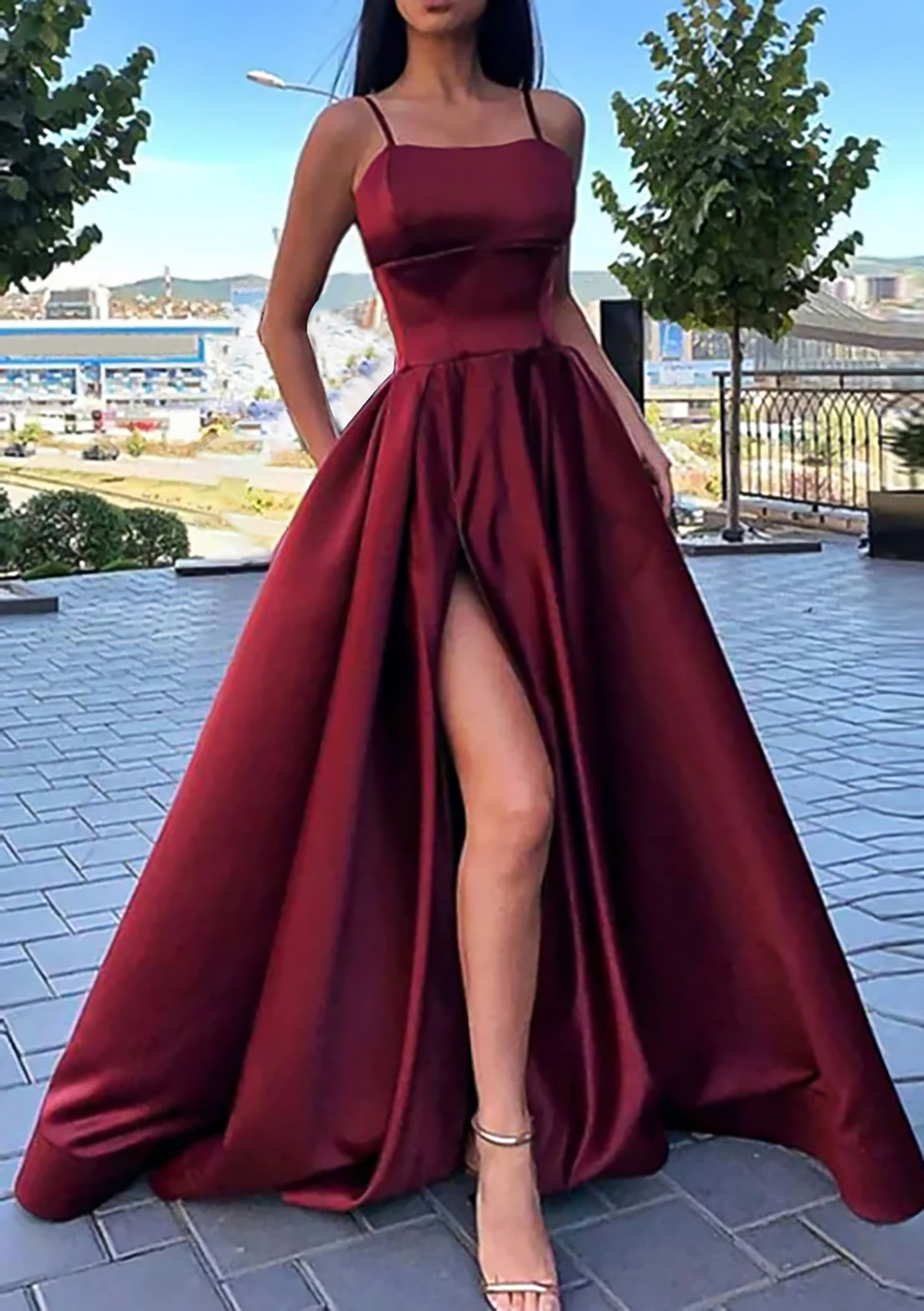 A-line Square Neckline Spaghetti Straps Long/Floor-Length Satin Corset Prom Dress With Split Pockets Gowns, Evening Dresses Mermaid