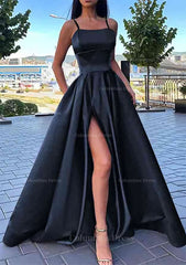 A-line Square Neckline Spaghetti Straps Long/Floor-Length Satin Corset Prom Dress With Split Pockets Gowns, Evening Dress Lace