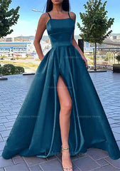 A-line Square Neckline Spaghetti Straps Long/Floor-Length Satin Corset Prom Dress With Split Pockets Gowns, Evening Dress Short
