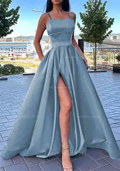 A-line Square Neckline Spaghetti Straps Long/Floor-Length Satin Corset Prom Dress With Split Pockets Gowns, Evening Dresses Open Back