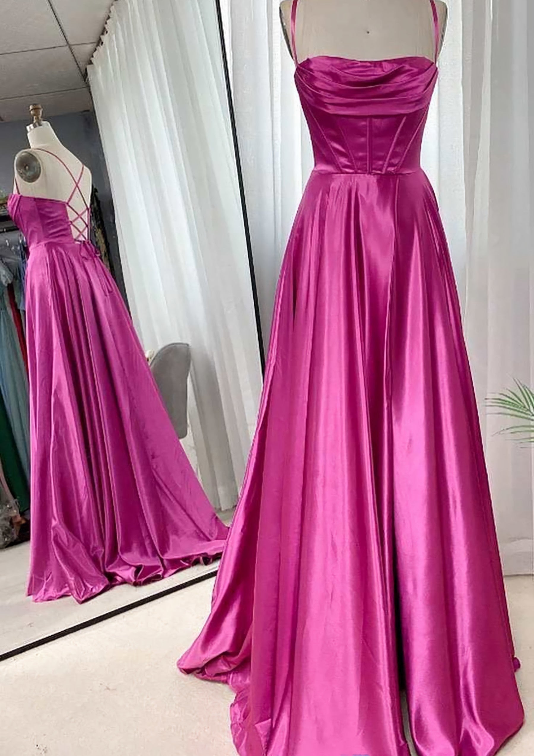 A-line Square Neckline Spaghetti Straps Sweep Train Charmeuse Corset Prom Dress With Pleated Gowns, Party Dresses And Jumpsuits