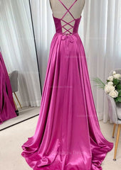 A-line Square Neckline Spaghetti Straps Sweep Train Charmeuse Corset Prom Dress With Pleated Gowns, Party Dress Jumpsuit