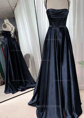 A-line Square Neckline Spaghetti Straps Sweep Train Charmeuse Corset Prom Dress With Pleated Gowns, Elegant Dress Classy