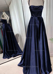 A-line Square Neckline Spaghetti Straps Sweep Train Charmeuse Corset Prom Dress With Pleated Gowns, Dinner Outfit
