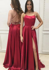 A-line Square Neckline Spaghetti Straps Sweep Train Charmeuse Corset Prom Dress With Pockets Split Gowns, Bridesmaids Dress Under 128