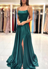 A-line Square Neckline Spaghetti Straps Sweep Train Charmeuse Corset Prom Dress With Split outfit, Prom Dresses Blushes