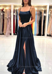 A-line Square Neckline Spaghetti Straps Sweep Train Charmeuse Corset Prom Dress With Split outfit, Prom Dress Blue Lace