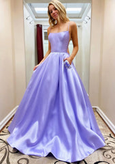 A-line Square Neckline Spaghetti Straps Sweep Train Satin Corset Prom Dress With Beading Pockets Gowns, Prom Dresses Orange