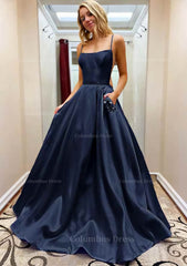 A-line Square Neckline Spaghetti Straps Sweep Train Satin Corset Prom Dress With Beading Pockets Gowns, Prom Dresses 2054 Black Girl