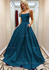 A-line Square Neckline Spaghetti Straps Sweep Train Satin Corset Prom Dress With Beading Pockets Gowns, Prom Dress Ideas Black Girl