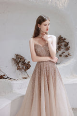 A Line Strapless Beading Tulle Court Train Corset Prom Dresses outfit, Homecoming Dress Shopping