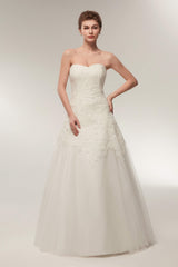 A Line Strapless Ivory Lace Floor Length Corset Wedding Dresses outfit, Wedding Dress Prices