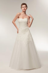 A Line Strapless Ivory Lace Floor Length Corset Wedding Dresses outfit, Wedding Dresses Price