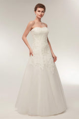 A Line Strapless Ivory Lace Floor Length Corset Wedding Dresses outfit, Wedding Dresses Prices