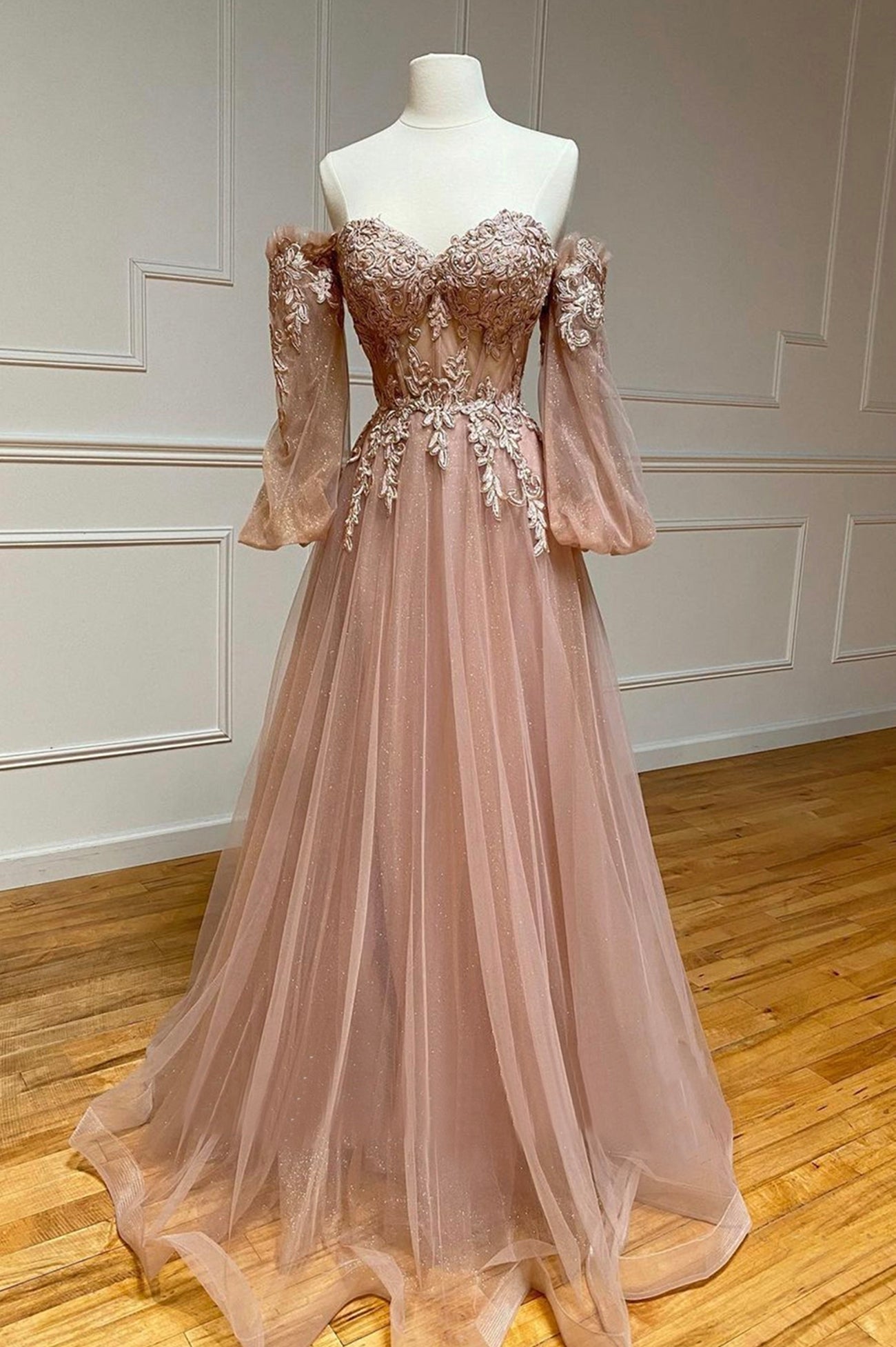 A-Line Strapless Long Lace Corset Prom Dress, Sweetheart Neck Tulle Evening Party Dress Outfits, Bridesmaid Dresses Sale