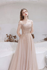 A-Line Strapless Off The Shoulder Lace Up Beading Tulle Long Corset Prom Dresses outfit, Evening Dress For Sale