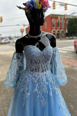 A-line Strapless Puff Long Sleeves Beaded Appliques Long Corset Formal Corset Prom Dress outfits, Bridesmaid Dress Blue