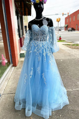 A-line Strapless Puff Long Sleeves Beaded Appliques Long Corset Formal Corset Prom Dress outfits, Bridesmaids Dress Blue