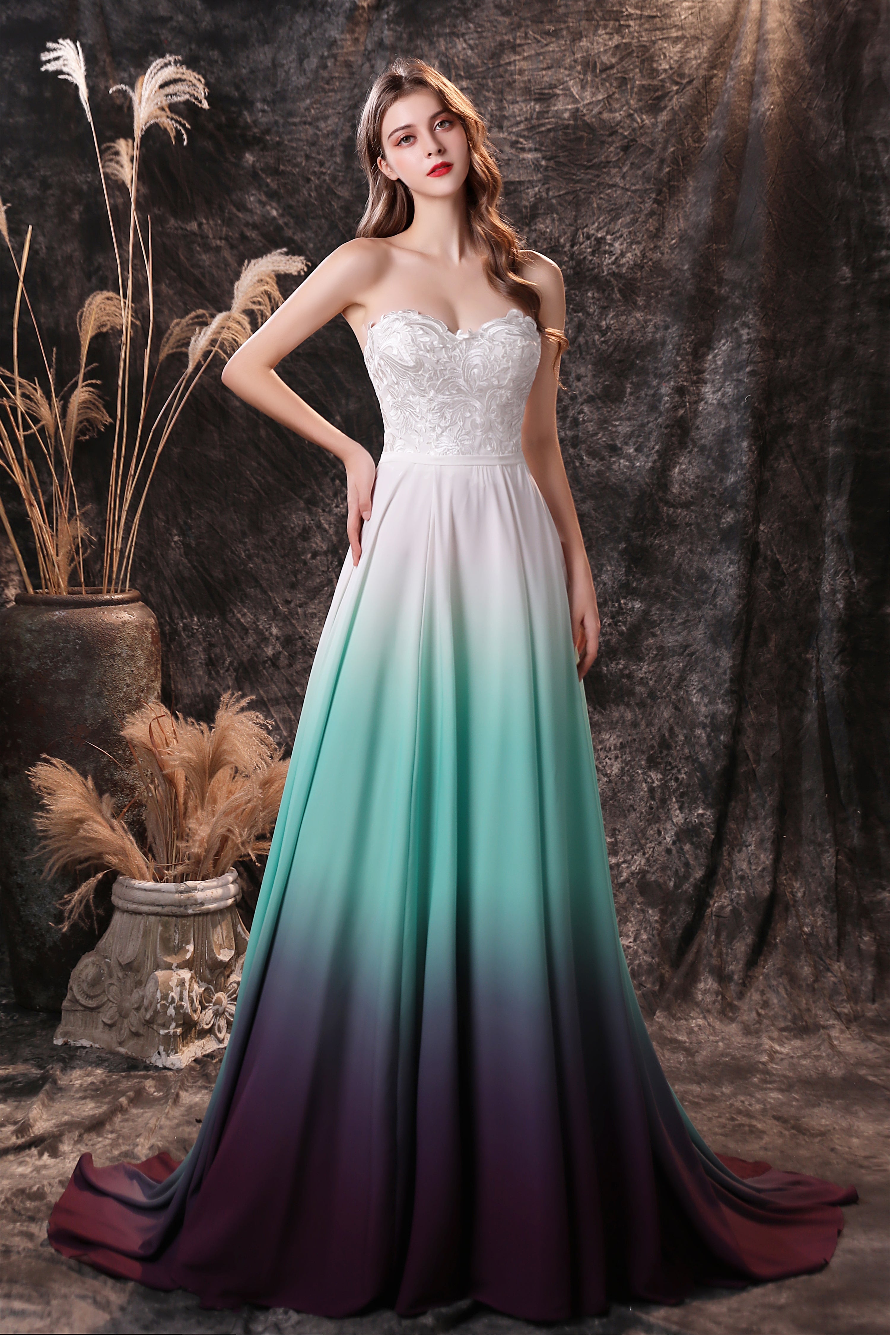 A Line Strapless Sleeveless Appliques Ombre Silk Like Satin Sweep Train Corset Prom Dresses outfit, Bridesmaid Dress Convertible