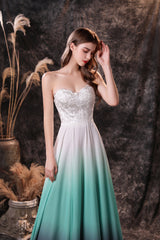 A Line Strapless Sleeveless Appliques Ombre Silk Like Satin Sweep Train Corset Prom Dresses outfit, Bridesmaid Dresses