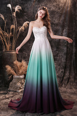 A Line Strapless Sleeveless Appliques Ombre Silk Like Satin Sweep Train Corset Prom Dresses outfit, Bridesmaid Dresses Emerald Green