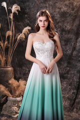 A Line Strapless Sleeveless Appliques Ombre Silk Like Satin Sweep Train Corset Prom Dresses outfit, Bridesmaid Dress Dark Green