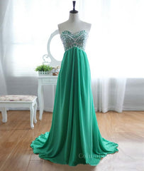 A-Line Strapless Sweetheart Neck Green Chiffon Long Corset Prom Dresses, Green Evening Dresses outfit, Bridesmaid Dress Colors