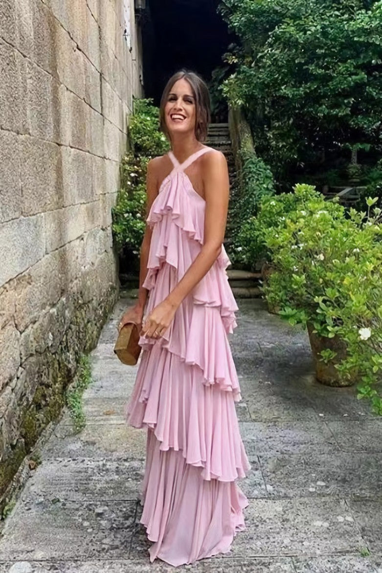 A Line Straps Tiered Chiffon Floor Length Long Corset Prom Dress Pink Corset Formal Evening Dresses outfit, Formal Dress Short