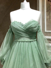 A Line Sweetheart Neck Long Sleeves Green Tulle Long Corset Prom Dress, Long Green Corset Formal Evening Dress outfit, Bridesmaids Dress Purple