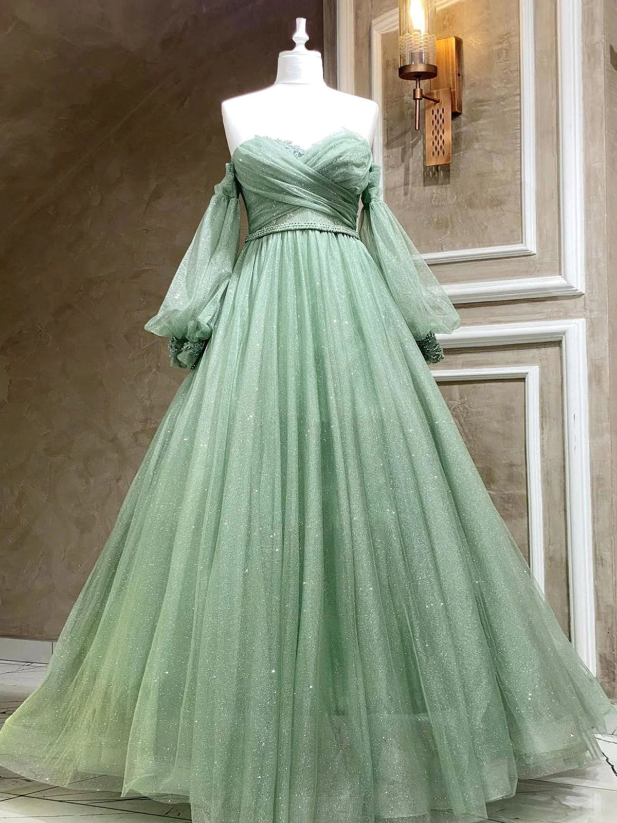 A Line Sweetheart Neck Long Sleeves Green Tulle Long Corset Prom Dress, Long Green Corset Formal Evening Dress outfit, Bridesmaid Dress Purple