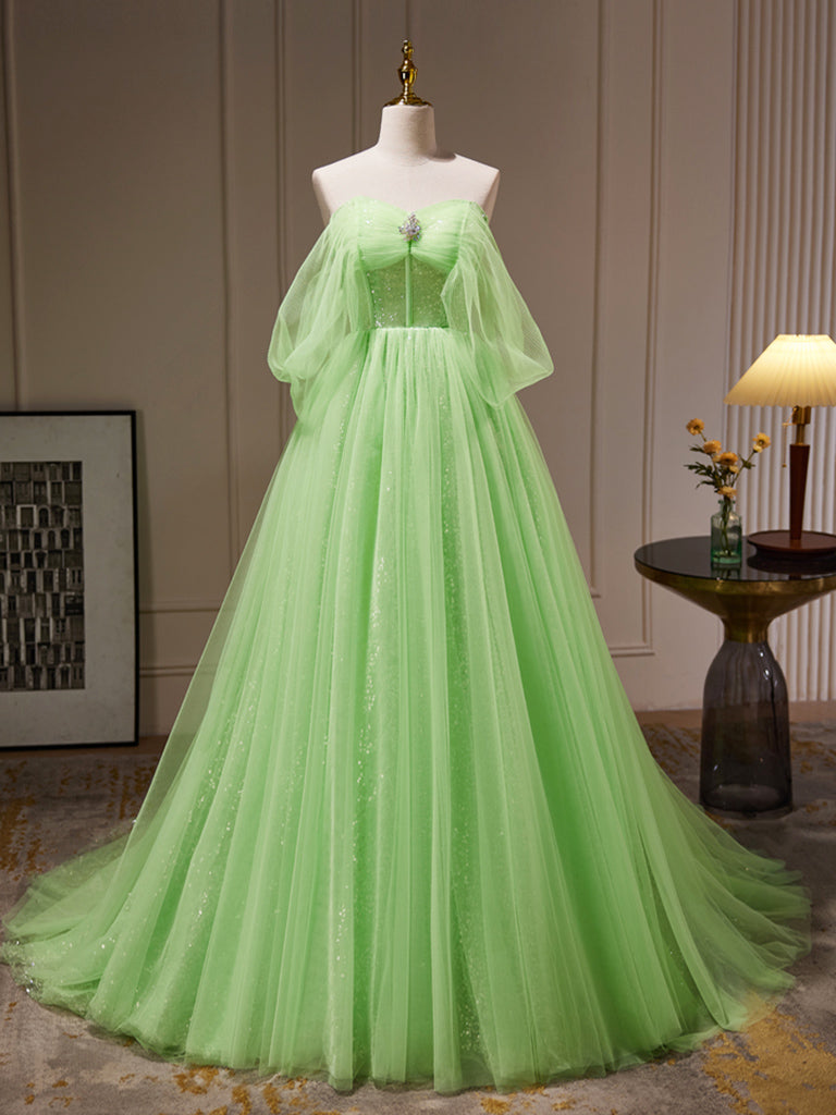 A-Line Sweetheart Neck Tulle Green Long Corset Prom Dress, Green Tulle Long Evening Dress outfit, Evening Dresses Fitted