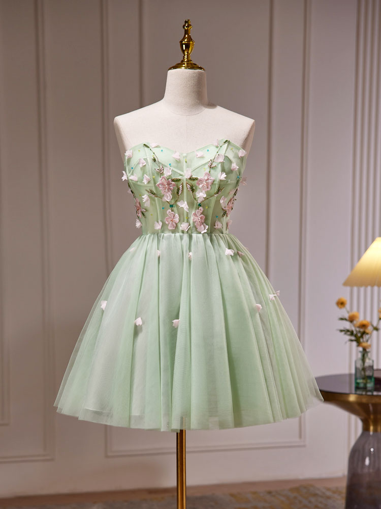 A- Line Sweetheart Neck Tulle Green Short Corset Prom Dress, Green Corset Homecoming Dresses outfit, Homecoming Dresses Sparkles