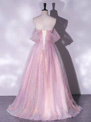 A-Line Sweetheart Neck Tulle Sequin Pink Long Corset Prom Dress, Pink Tulle Corset Formal Dress outfit, Prom Dress Guide