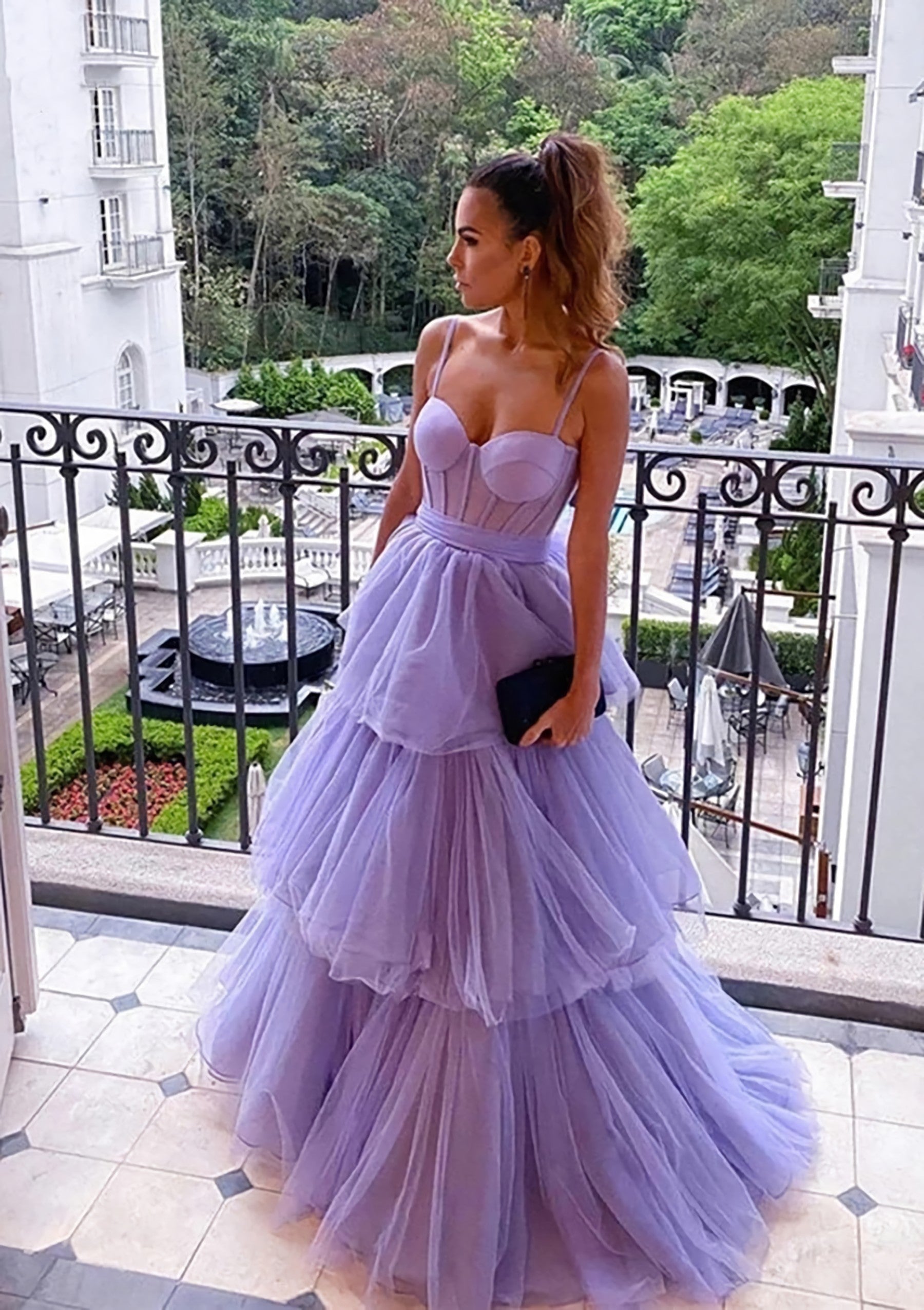 A-line Sweetheart Sleeveless Long/Floor-Length Tulle Corset Prom Dress With Ruffles Gowns, Bridesmaid Dresses Dusty Blue