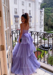 A-line Sweetheart Sleeveless Long/Floor-Length Tulle Corset Prom Dress With Ruffles Gowns, Bridesmaid Dress Dusty Blue
