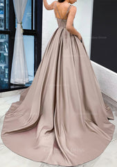 A-line Sweetheart Sleeveless Satin Sweep Train Corset Prom Dress With Pockets Gowns, Formal Dress Stores