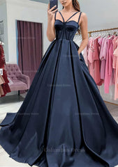 A-line Sweetheart Sleeveless Satin Sweep Train Corset Prom Dress With Pockets Gowns, Formal Dresses Online