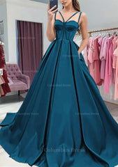A-line Sweetheart Sleeveless Satin Sweep Train Corset Prom Dress With Pockets Gowns, Formal Dress Ideas