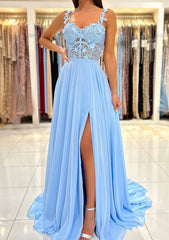 A-line Sweetheart Sleeveless Sweep Train Chiffon Corset Prom Dress With Appliqued Split outfit, Evening Dress For Wedding Guest