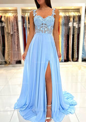 A-line Sweetheart Sleeveless Sweep Train Chiffon Corset Prom Dress With Appliqued Split outfit, Evening Dresses Off The Shoulder