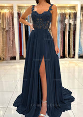 A-line Sweetheart Sleeveless Sweep Train Chiffon Corset Prom Dress With Appliqued Split outfit, Evening Dresses Midi