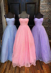 A-line Sweetheart Spaghetti Straps Long/Floor-Length Glitter Corset Prom Dress With Pockets Gowns, Prom Dresses Gowns
