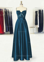 A-line Sweetheart Spaghetti Straps Long/Floor-Length Satin Corset Prom Dress With Appliqued Pockets Gowns, Wedding