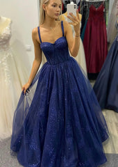 A-line Sweetheart Spaghetti Straps Long/Floor-Length Tulle Glitter Corset Prom Dress outfits, Bridesmaid Propos